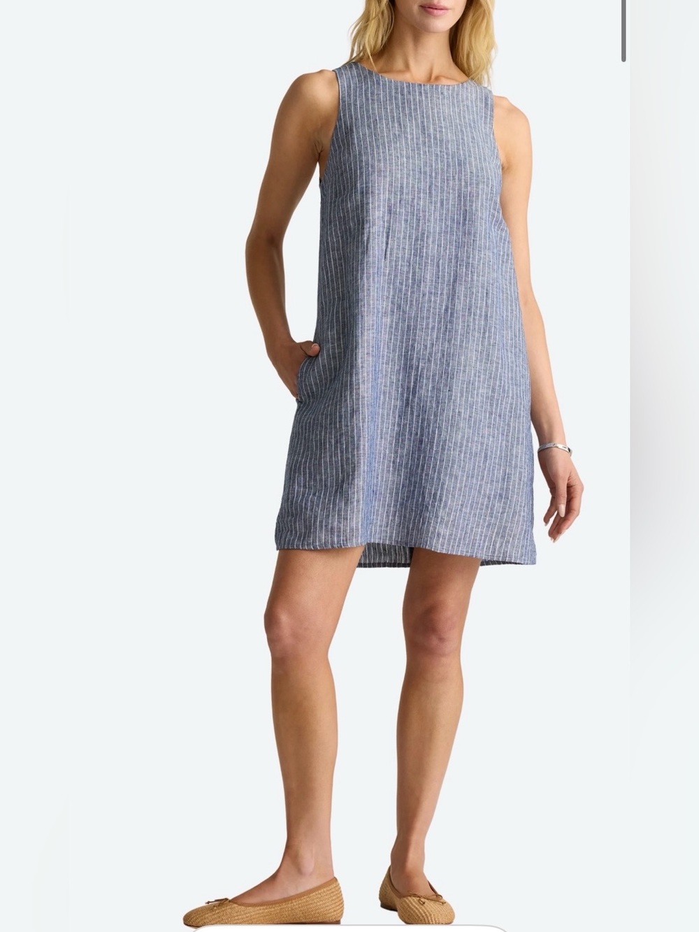 Quince European Linen Sleeveless Striped Shift Mini Dress Blue/White Small